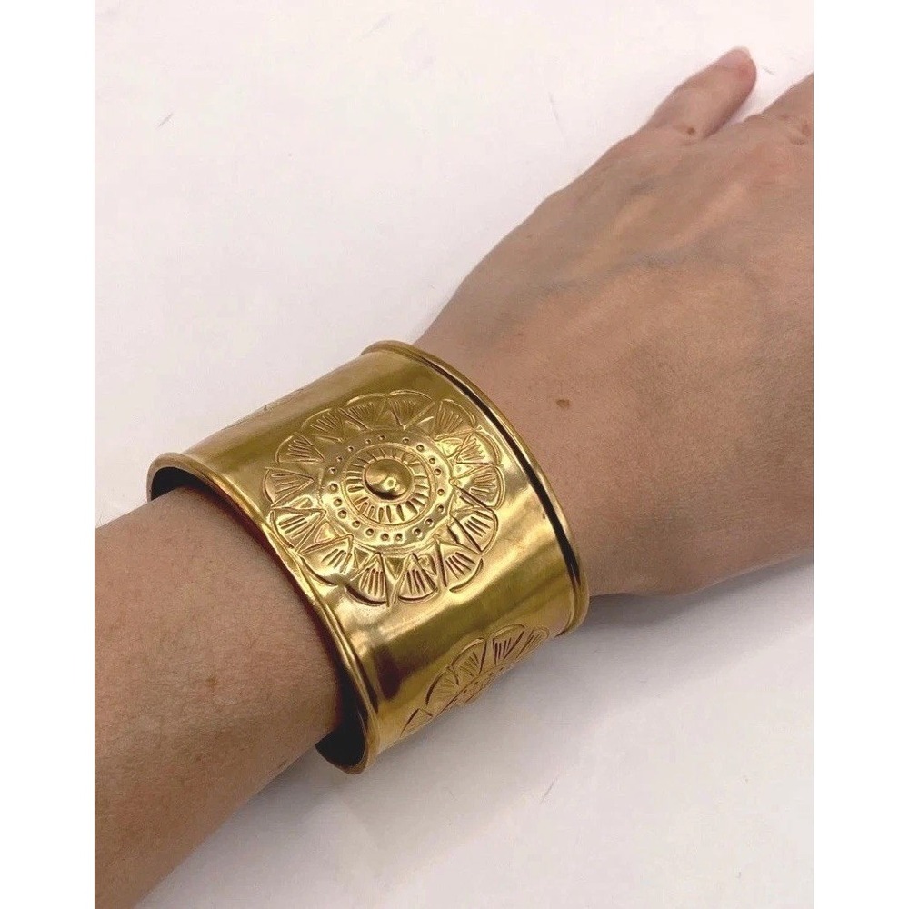 Aureus Argent Gold Tone Wide Cuff Statement Bracelet Floral Etched Boho Chunky